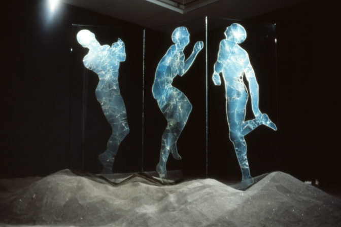 Nancy De Freitas, Imploding the Myth, 1994 (installation view). Glass, ironsand, silicon.