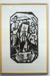 Nigel Brown, Reading With Family, 1982. Woodcut print on paper. 765mm x 420mm.