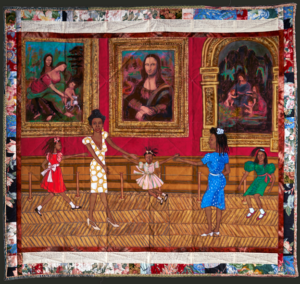 Faith Ringgold, Dancing at the Louvre, 1991, acrylic on canvas, tie-dyed, pieced fabric border, 73.5 x 80″, from the series, The French Collection, part 1; #1 (Gund Gallery, Kenyon College)
