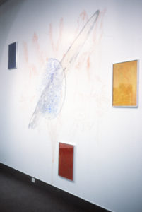 James Ross, Red, Blue and Yellow, 1996 (installation view). Water based crayon, oil paint on 3 panels with glass.