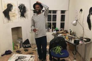 Artist-in-residence Binelde Hyrcan in his room-studio at Delfina Foundation. Image courtesy of Delfina Foundation.