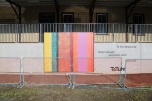 Shaun Waugh, peripheral vision, 2023, (installation view, Parnell Train Station billboards) Photo courtesy Te Tuhi.