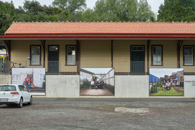 Geoffery Matautia, Community Service: Family Portraits, 2023 (installation view, Parnell Train Station) inkjet billboard prints  3000mm x 2400mm  photo by Sam Hartnett