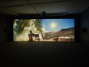 Wu Tsang One emerging from a point of view, 2019 (installation view) two-channel overlapping projections 5.1 surround sound 43 minutes courtesy of the artist and Galerie Isabella Bortolozzi photo by Sam Hartnett