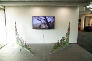 Susu 蘇子誠, Coco and Aiai 可可愛愛, 2021-2022 (installation view). Animation, sound recording, MDF, pastel, metal, wheels video 6:30. Imin.mage courtesy of Te Tuhi