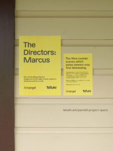 Screening location signage for The Directors: Marcus, Marcus Coates, 2022 Parnell Project Space, Tāmaki Makaurau, 2024. Photo by Sam Hartnett.