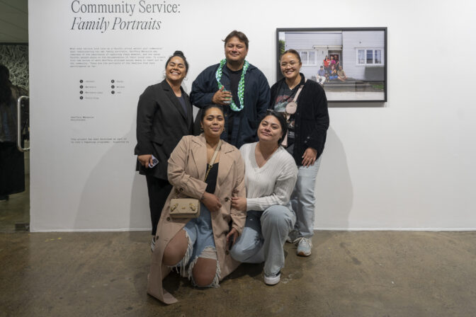 Opening night of Geoff Matautia’s solo exhibition Community Service: Family Portraits. At Tautai Pacific Art Trust. Photo by Edith Amituanai.
