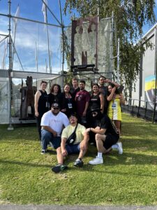 Some of the Papatūnga and Taro Patch Creative crew in front of Tame Iti’s installation for Māoriland International Film Festival. Photo by Geoff Matautia.